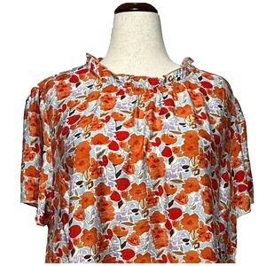 Bloomchic Top Womens 26 Orange Blue Colorful Floral Ruffle Neckline Coastal NWT